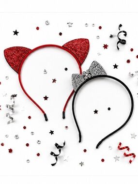 NEW - Set of 2 Rhinestone Headbands Red Cat Ears & Silver Crystal Bow